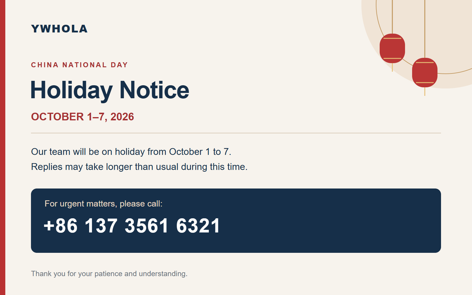 National Day Holiday Notice | October 1&ndash;7, 2026