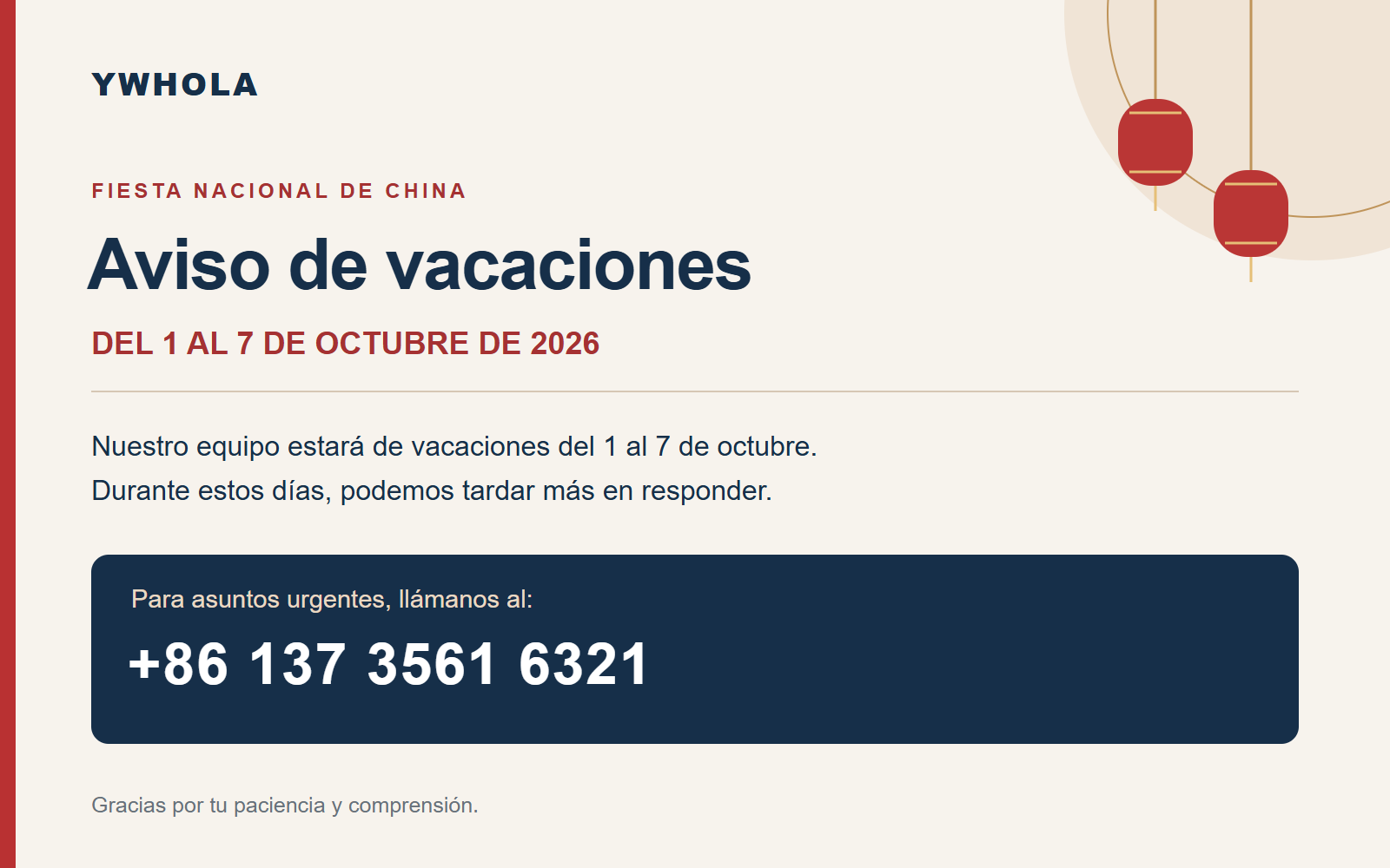 Aviso de vacaciones por la Fiesta Nacional de China | Del 1 al 7 de octubre de 2026